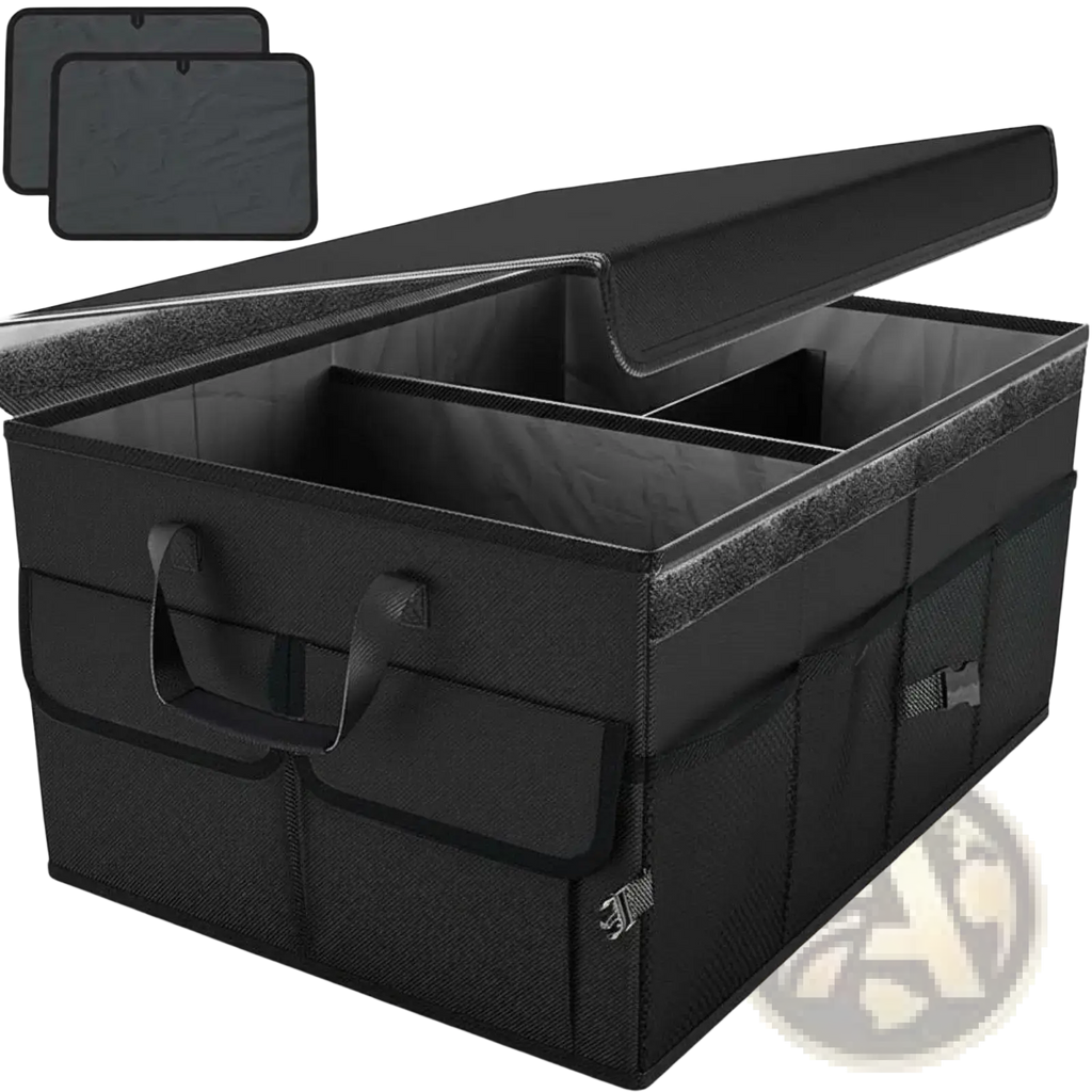 Black fabric foldable car trunk organizer 60l storage box with multiple compartments and side pockets