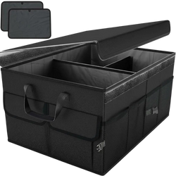Black fabric foldable car trunk organizer 60l storage box with multiple compartments and side pockets