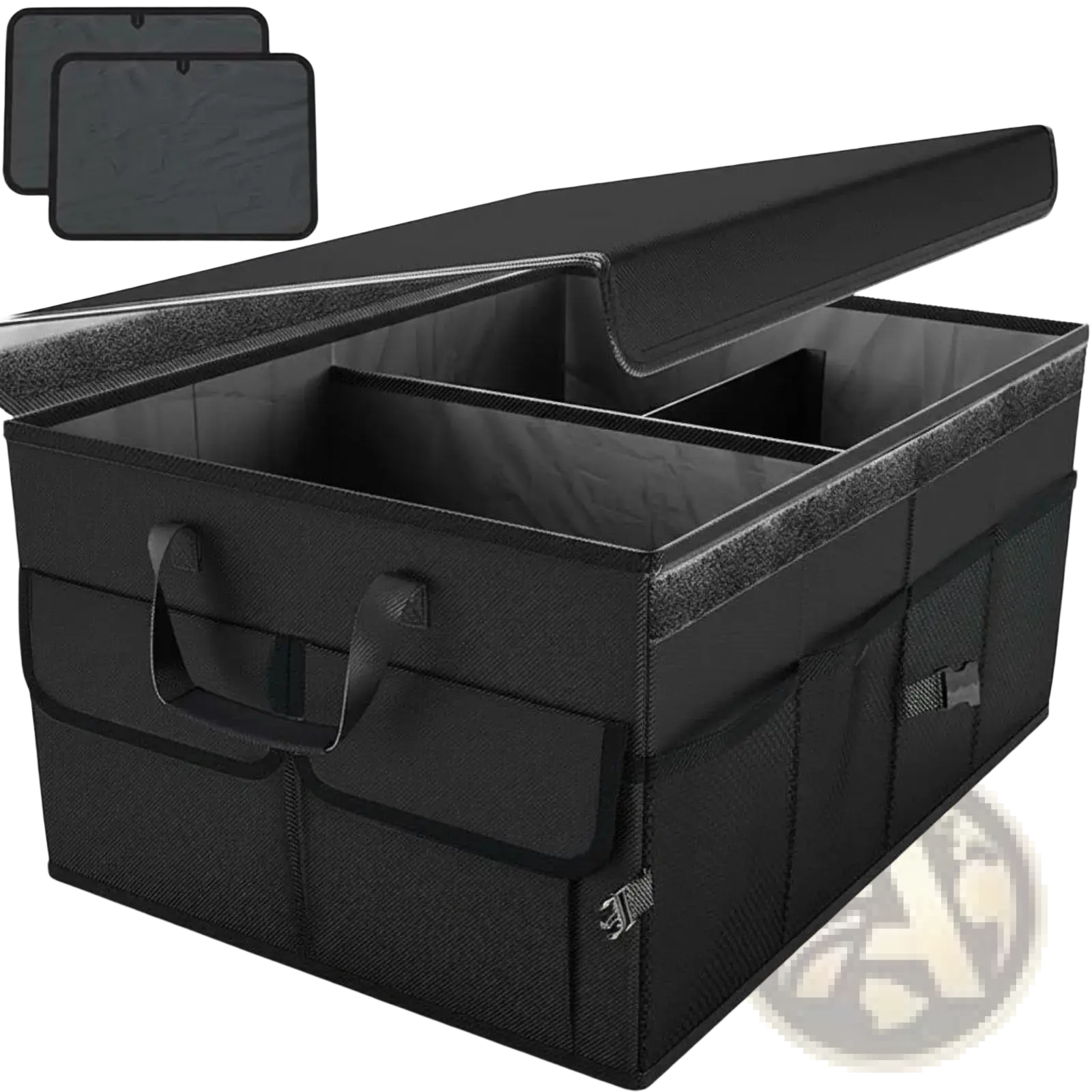 Black fabric foldable car trunk organizer 60l storage box with multiple compartments and side pockets