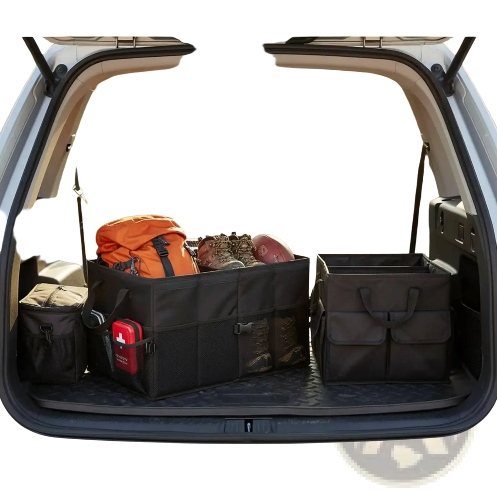 Black fabric foldable car trunk organizer with 60l capacity multiple compartments and adjustable straps for storage