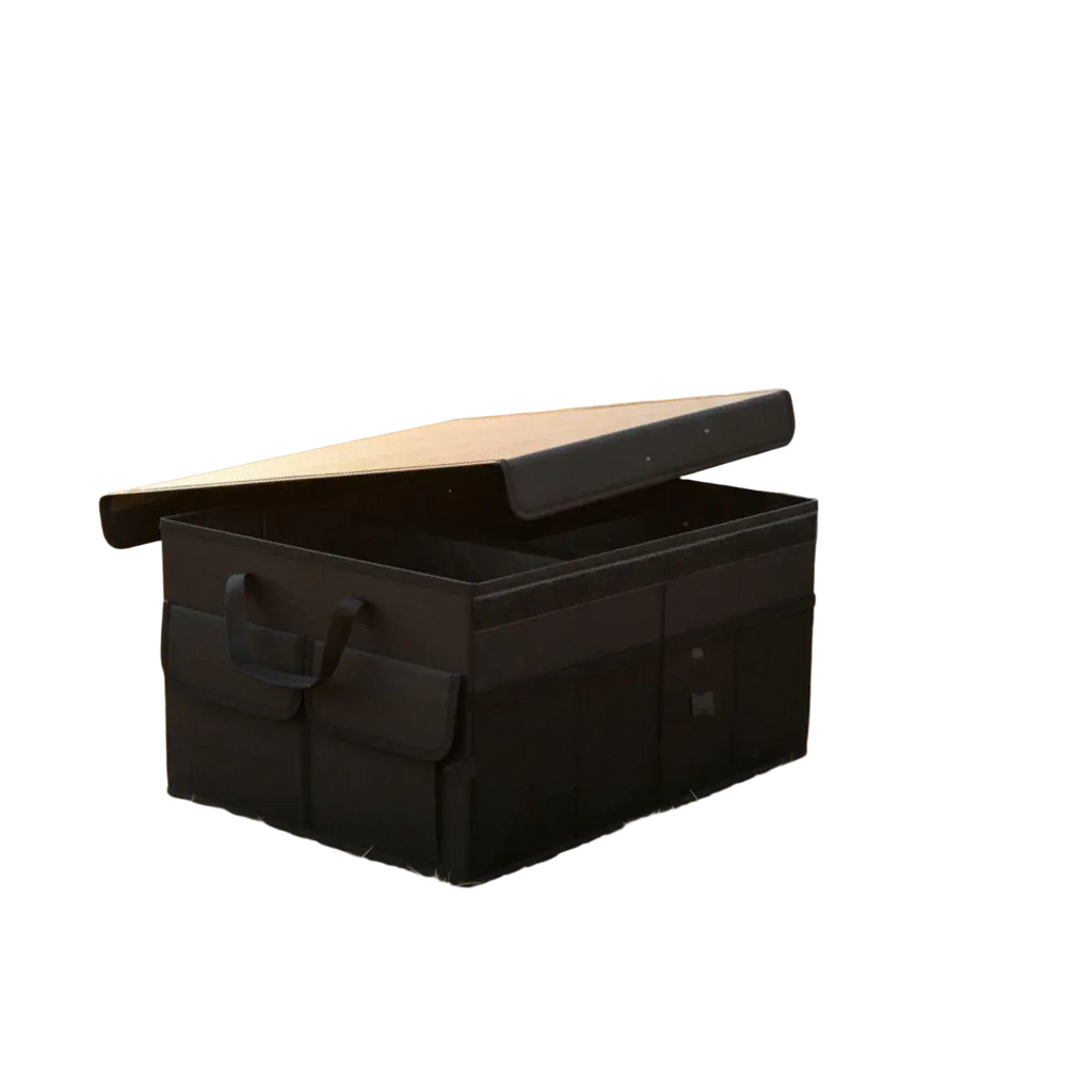 Black fabric foldable car trunk organizer 60l storage box with hinged lid and side pockets for vehicle use