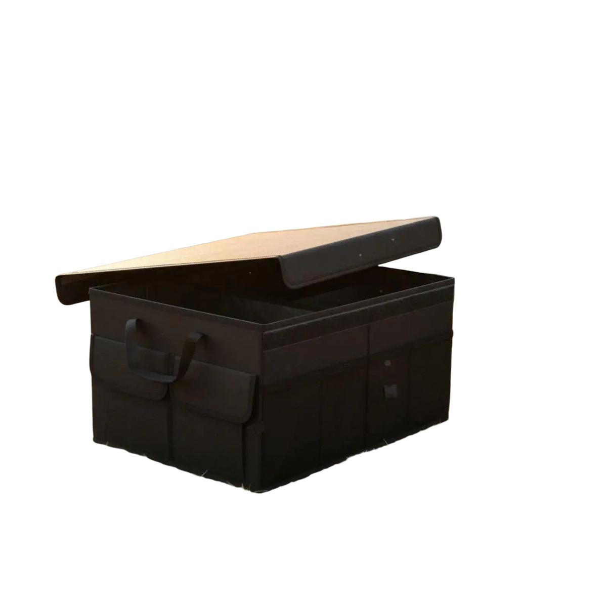 Black fabric foldable car trunk organizer 60l storage box with hinged lid and side pockets for vehicle use