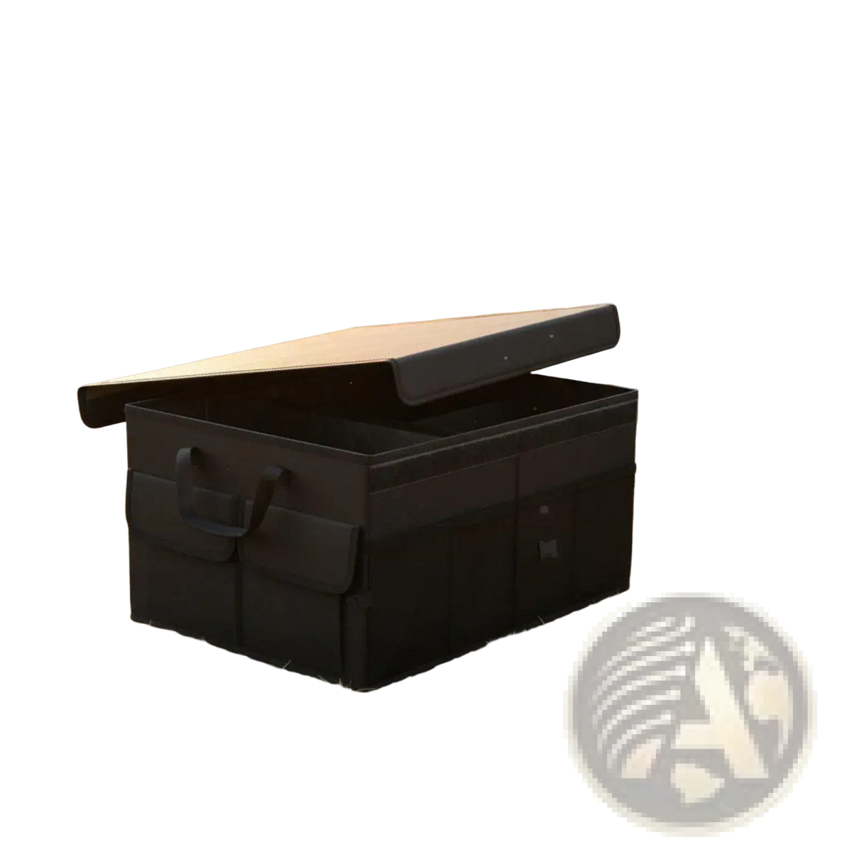 Black fabric foldable car trunk organizer 60l storage box with hinged lid and side pockets for vehicle use