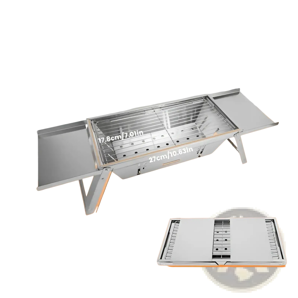 Foldable charcoal grill 3 in 1 stainless steel set with rectangular cooking surface and side storage compartment