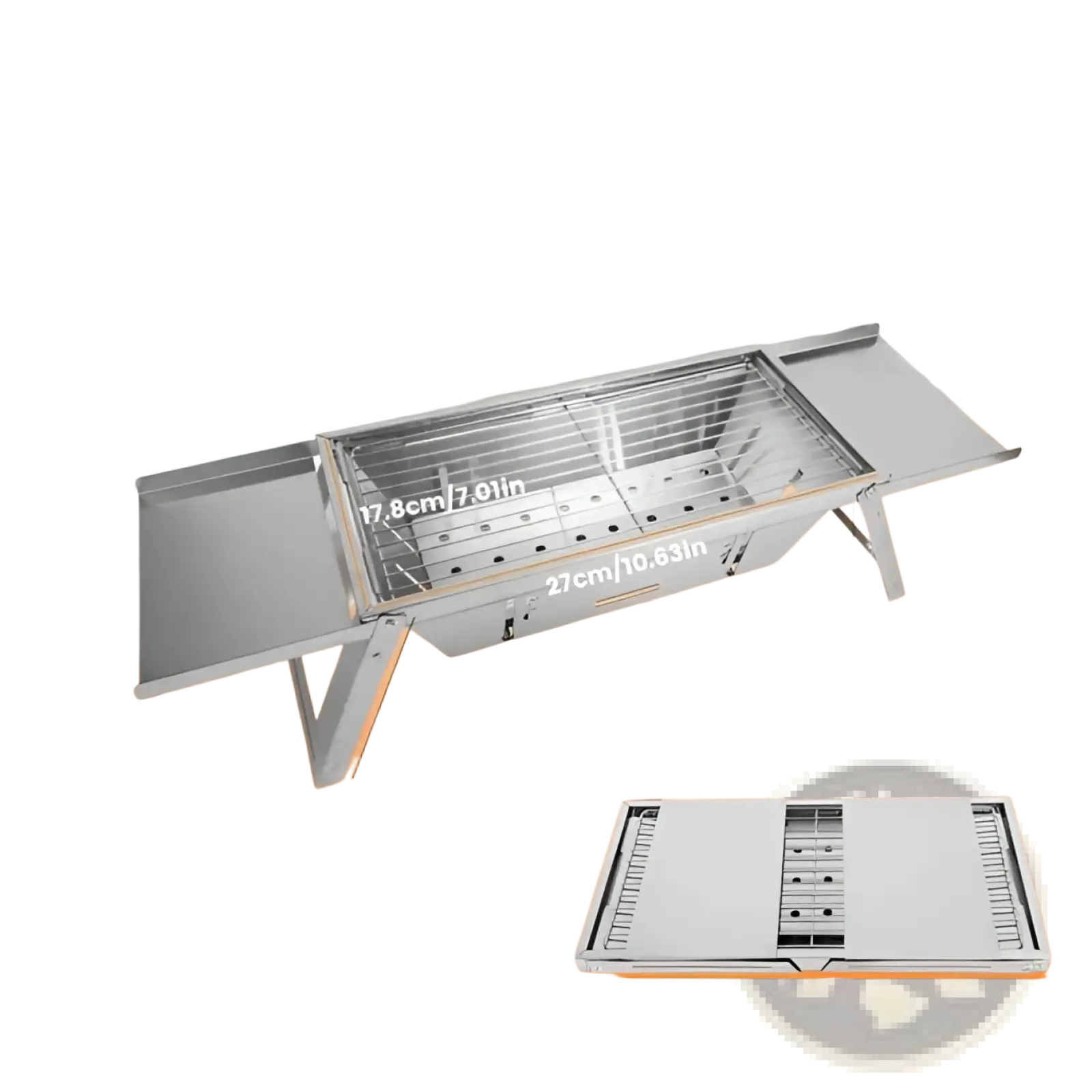 Foldable charcoal grill 3 in 1 stainless steel set with rectangular cooking surface and side storage compartment