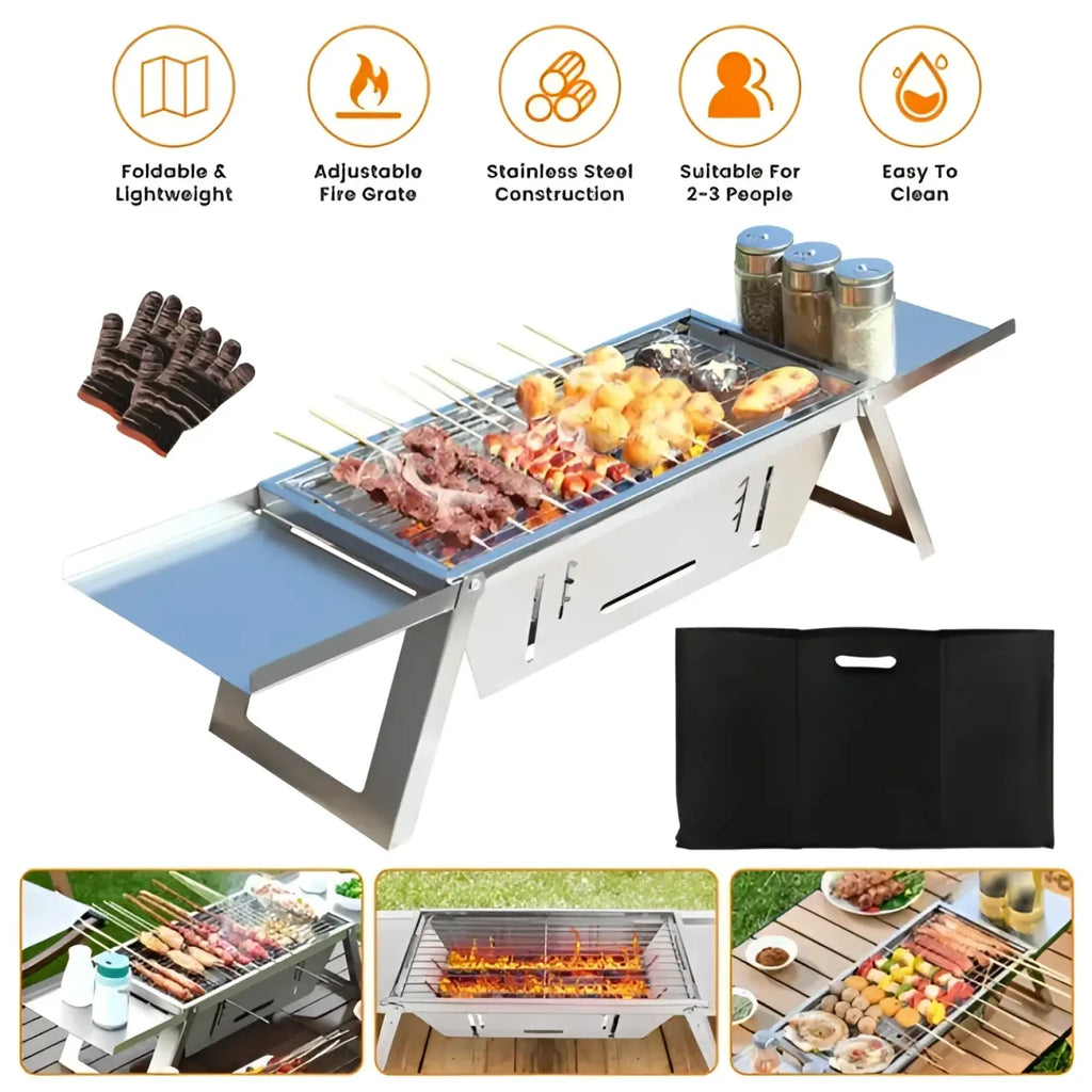 Foldable charcoal grill 3 in 1 stainless steel set with adjustable fire grate and side storage tray in silver color