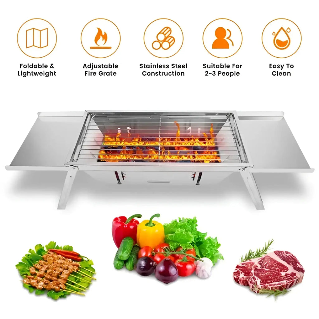 Foldable charcoal grill 3 in 1 stainless steel set with adjustable fire grate and side shelves in silver color