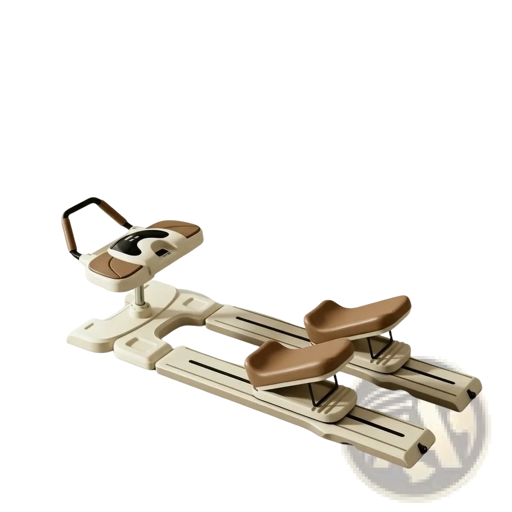 Beige and brown foldable core crawling machine with padded seating handlebars and knee pads for home exercise