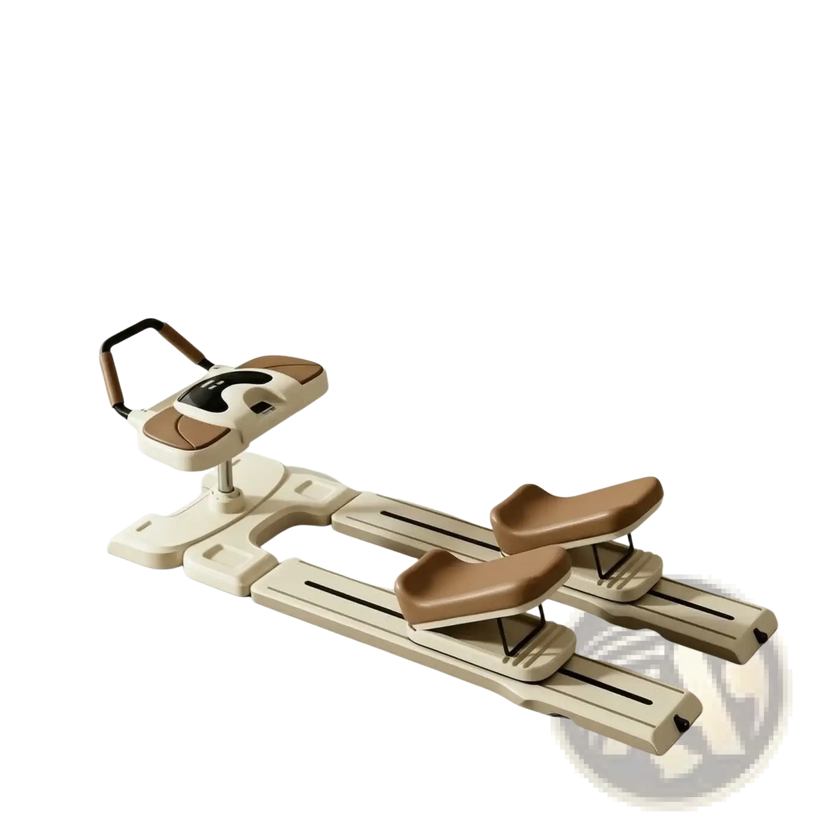 Beige and brown foldable core crawling machine with padded seating handlebars and knee pads for home exercise