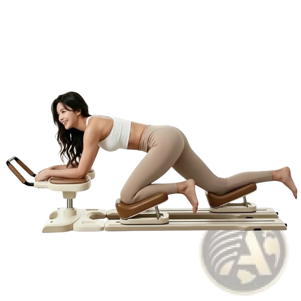 Beige and brown foldable core crawling machine pilates reformer with padded handles and adjustable resistance settings