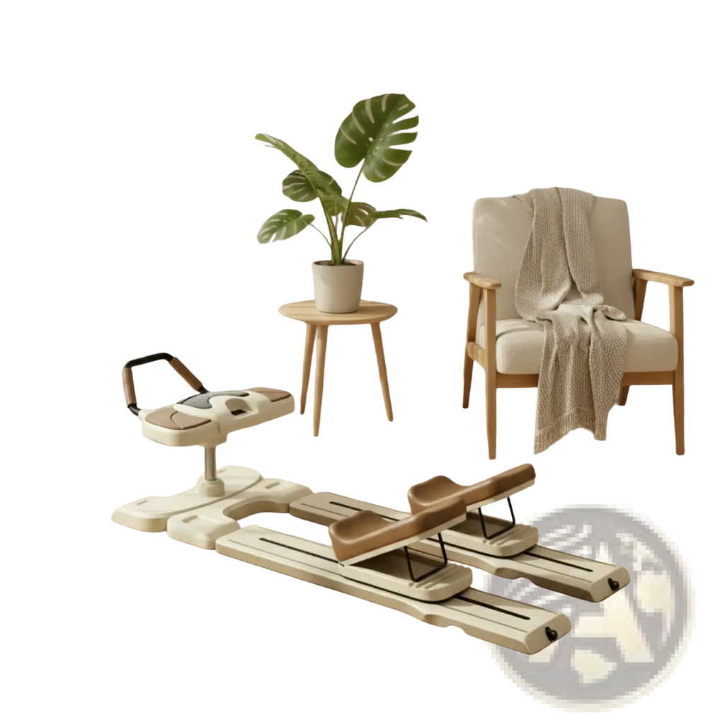 Beige and tan adjustable foldable core crawling machine with knee pads featuring a sleek modern design for home exercise