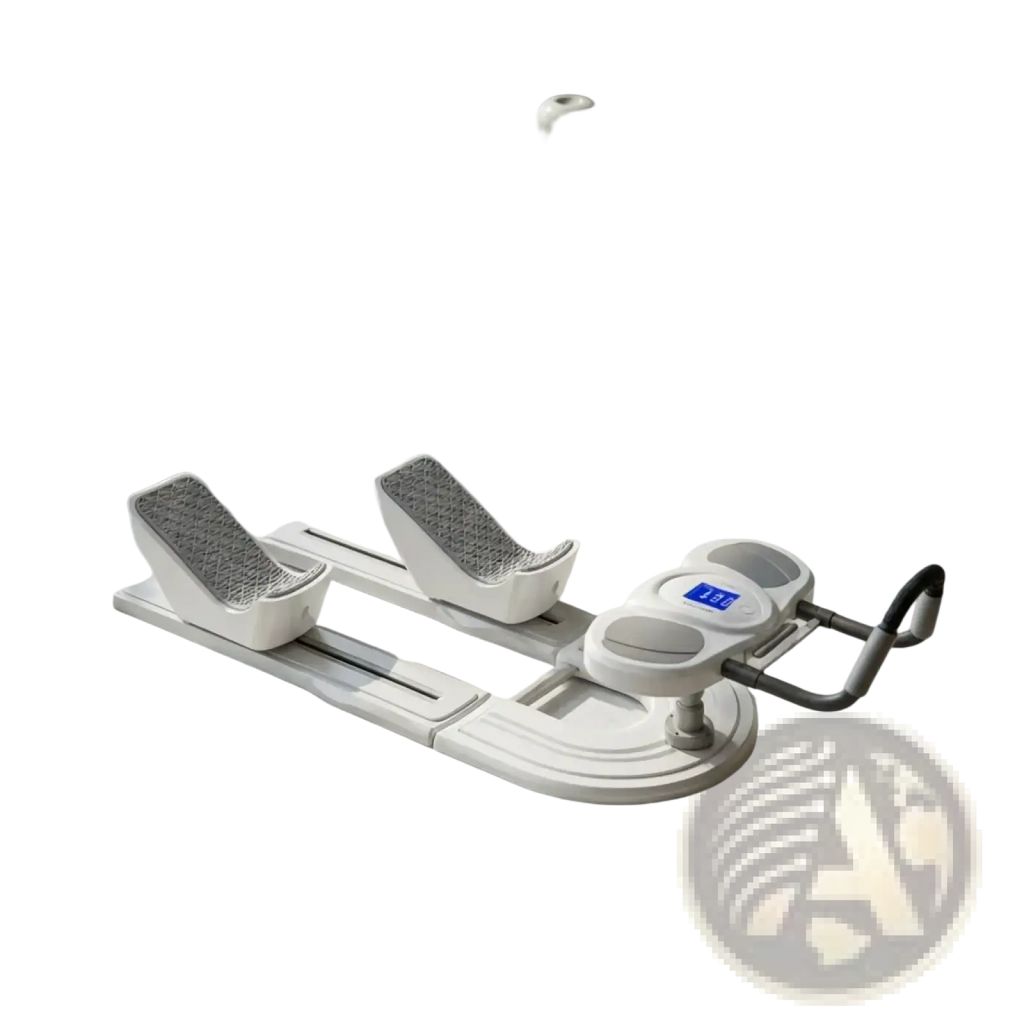 Foldable core crawling machine in white plastic and metal with textured gray footrests digital display and adjustable handlebars