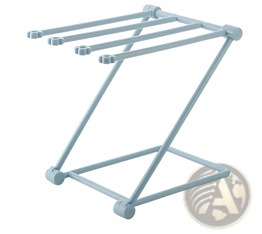 Light blue plastic foldable dishcloth rack with four horizontal bars and rounded end caps for kitchen towel organization