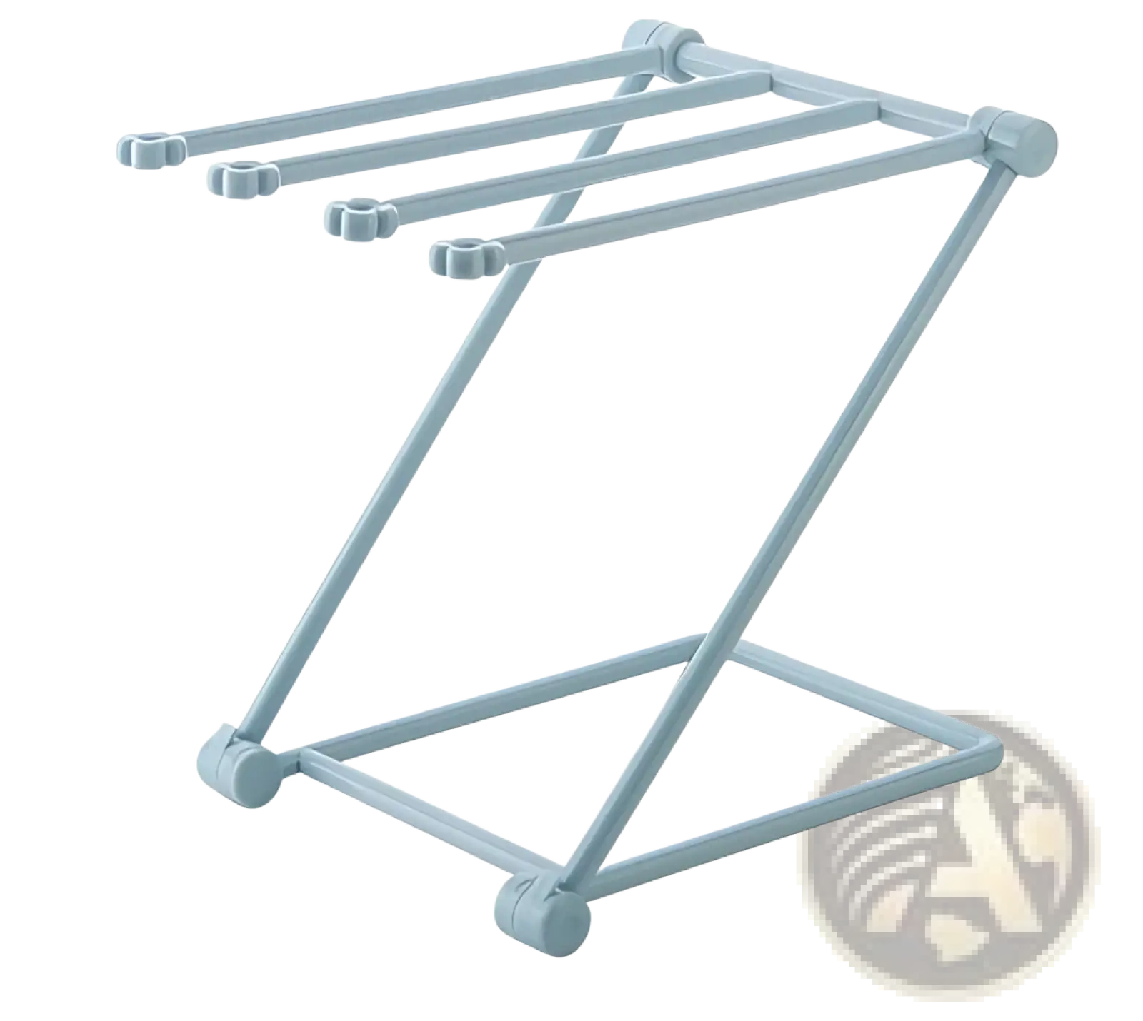 Light blue plastic foldable dishcloth rack with four horizontal bars and rounded end caps for kitchen towel organization