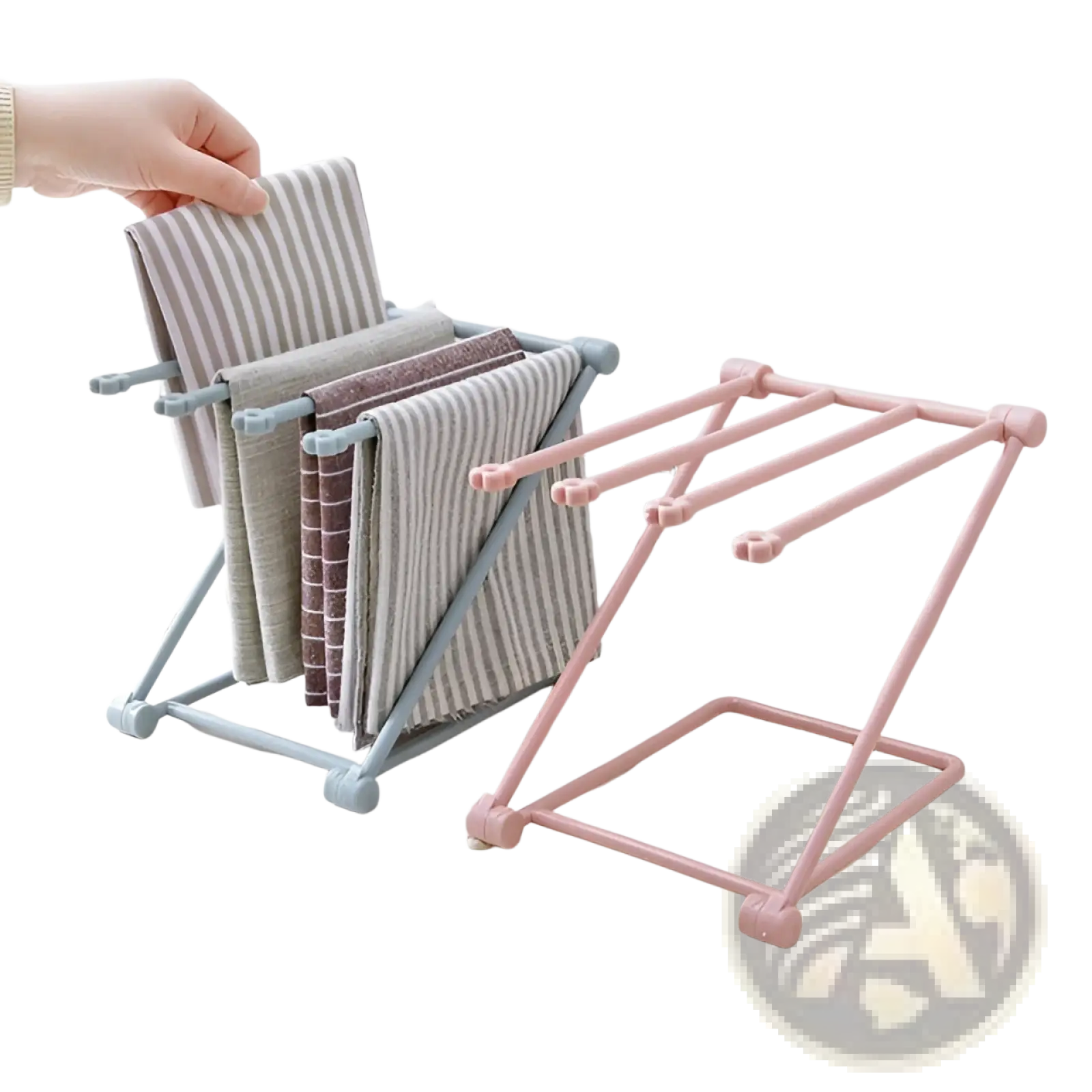 Foldable dishcloth rack kitchen towel organizer shelf in pastel-colored plastic holding striped and solid kitchen towels