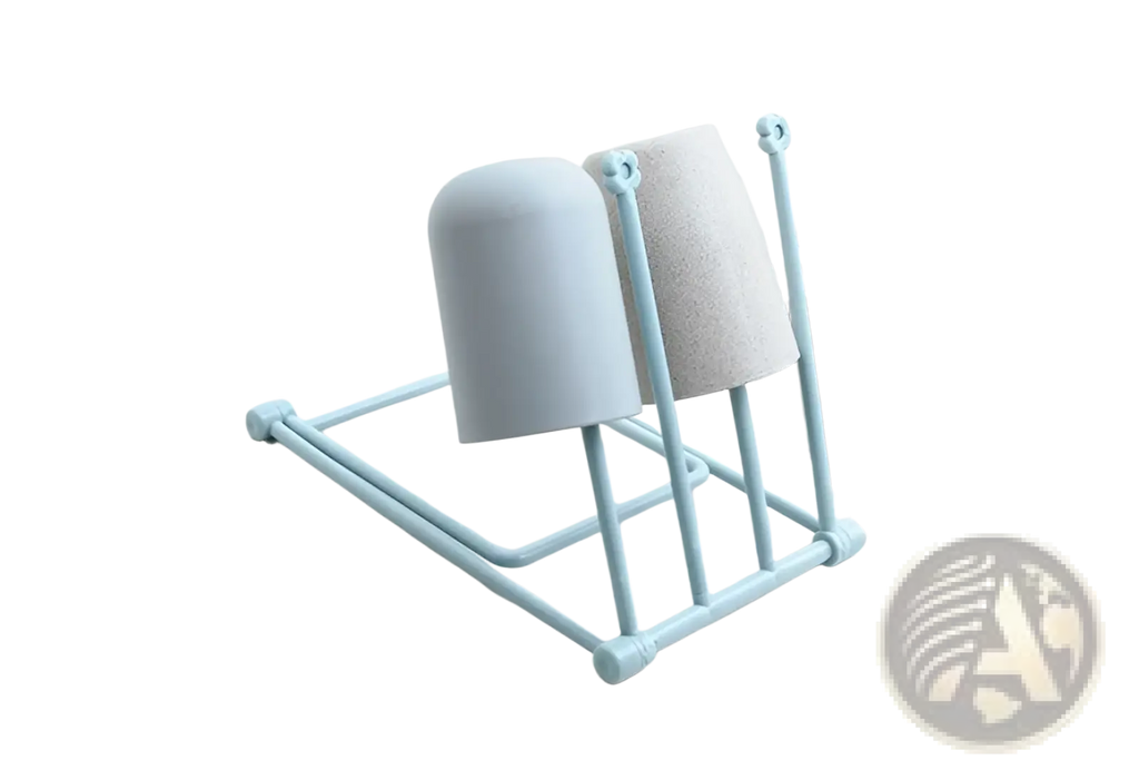 Light blue plastic foldable dishcloth rack holding a gray cup and beige sponge for drying and organizing kitchen towels