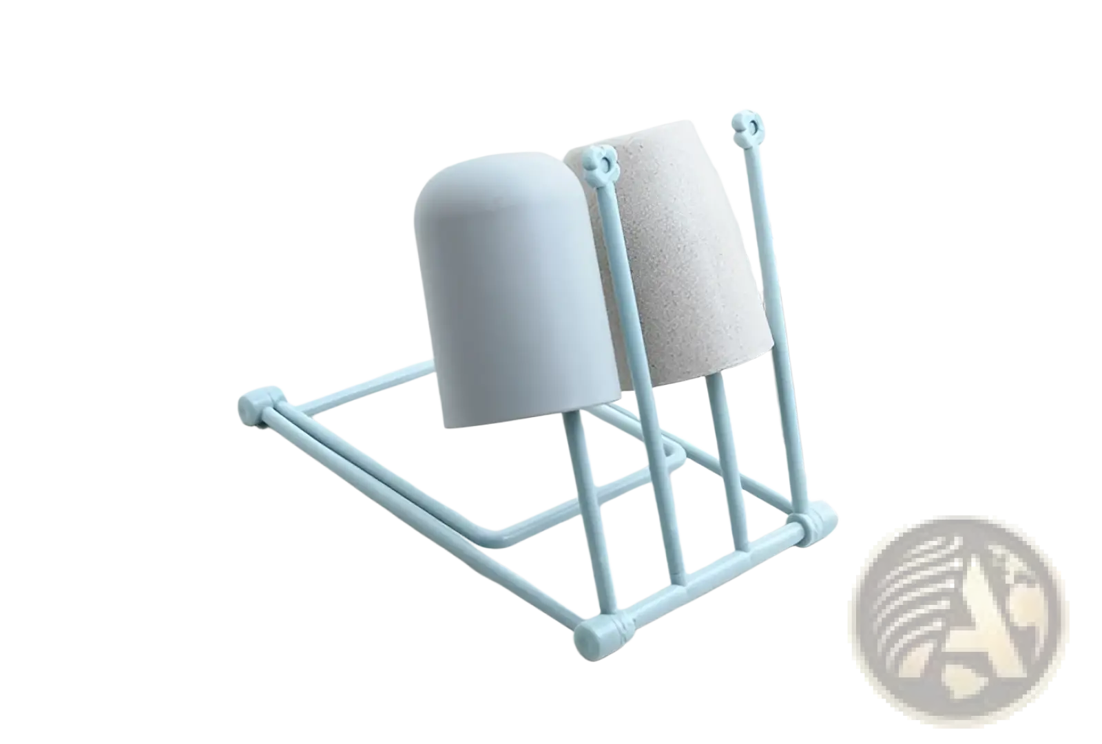 Light blue plastic foldable dishcloth rack holding a gray cup and beige sponge for drying and organizing kitchen towels