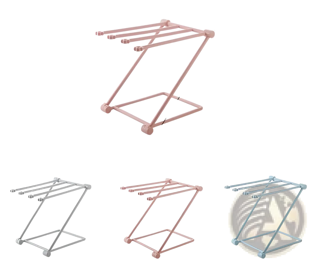 Foldable dishcloth rack made of pink plastic with four horizontal bars and rounded feet for kitchen towel organization