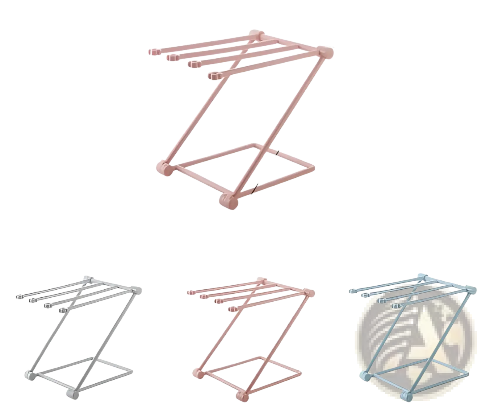 Foldable dishcloth rack made of pink plastic with four horizontal bars and rounded feet for kitchen towel organization