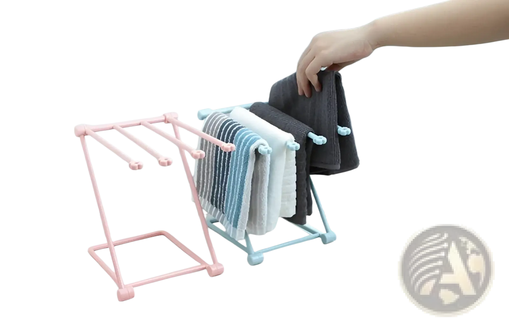 Foldable dishcloth rack kitchen towel organizer shelf made of pink and light blue plastic with four horizontal bars for towels