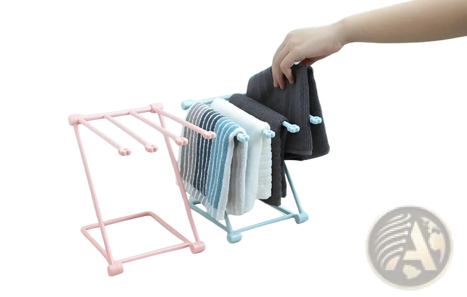 Foldable dishcloth rack kitchen towel organizer shelf made of pink and light blue plastic with four horizontal bars for towels