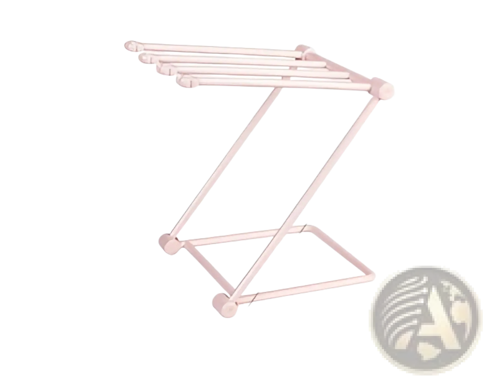 Pink metal foldable dishcloth rack with four horizontal bars and angled legs for kitchen towel organization