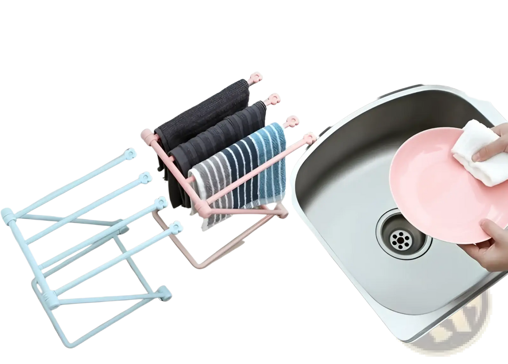 Pink and light blue plastic foldable dishcloth rack with flower-shaped ends holding folded towels for kitchen organization