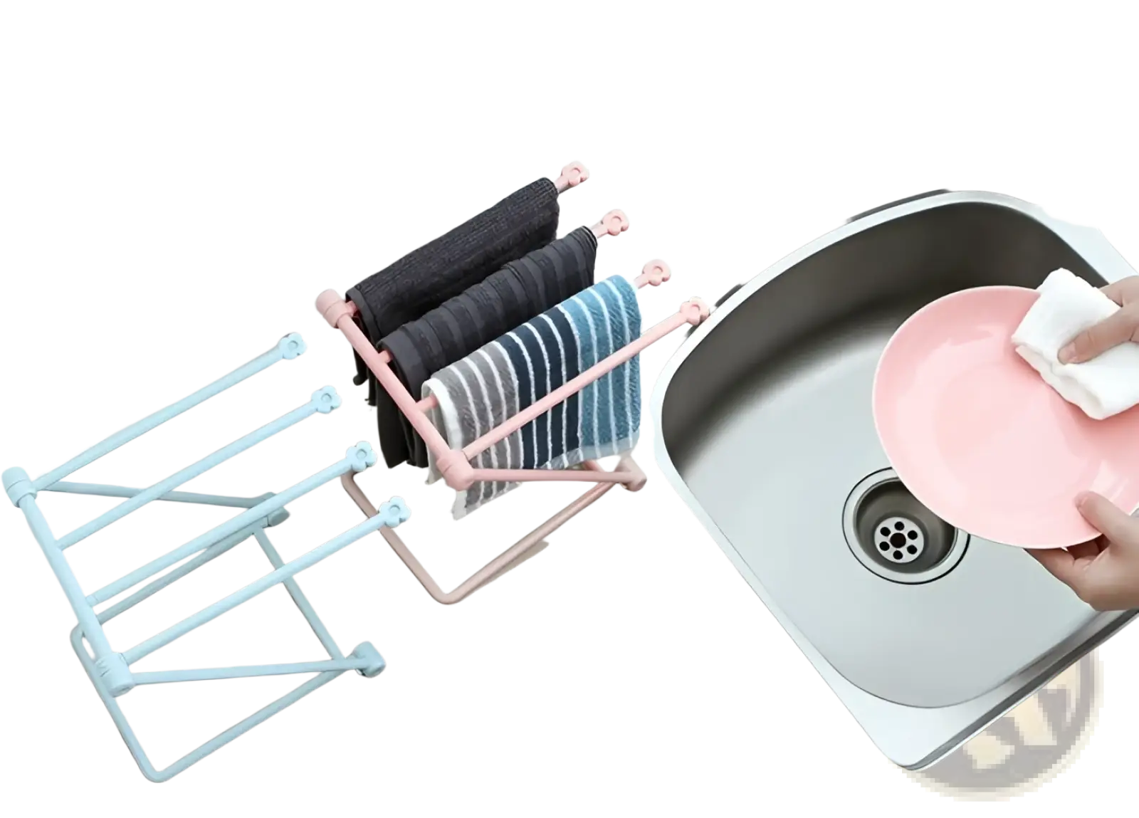 Pink and light blue plastic foldable dishcloth rack with flower-shaped ends holding folded towels for kitchen organization