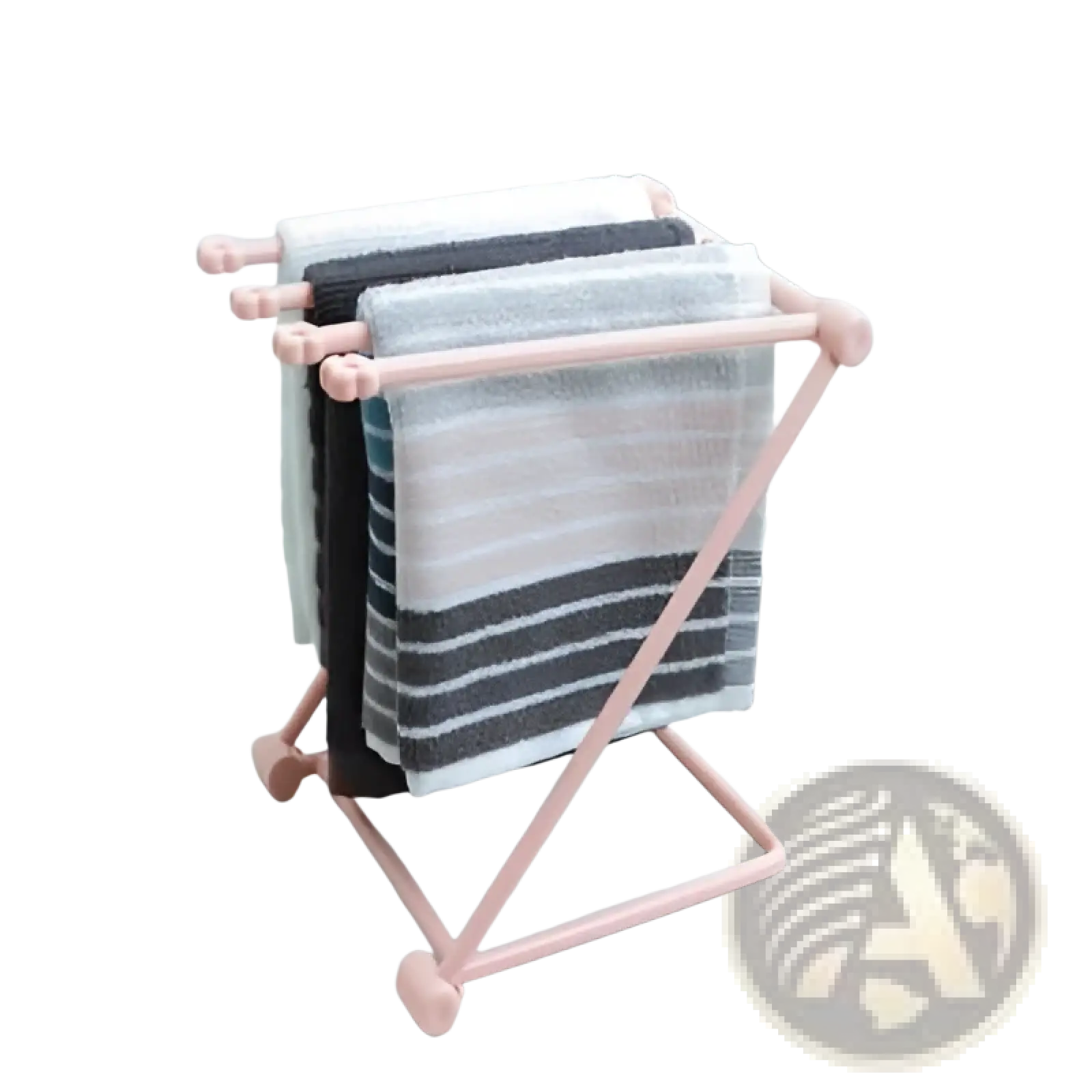 Foldable pink plastic dishcloth rack holding striped and solid-colored towels for kitchen towel organization
