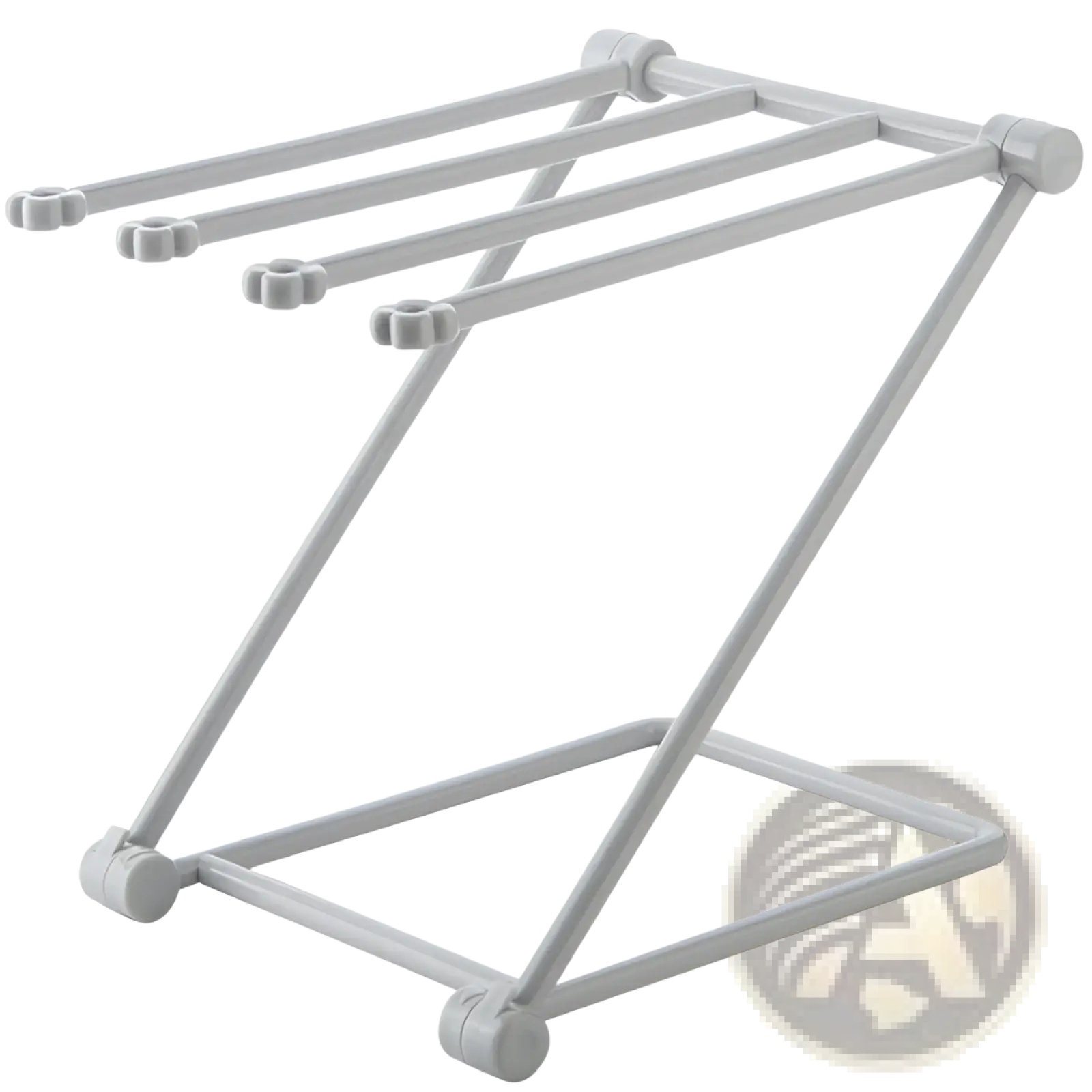 Gray plastic foldable dishcloth rack with four horizontal bars and rounded end caps for kitchen towel organization