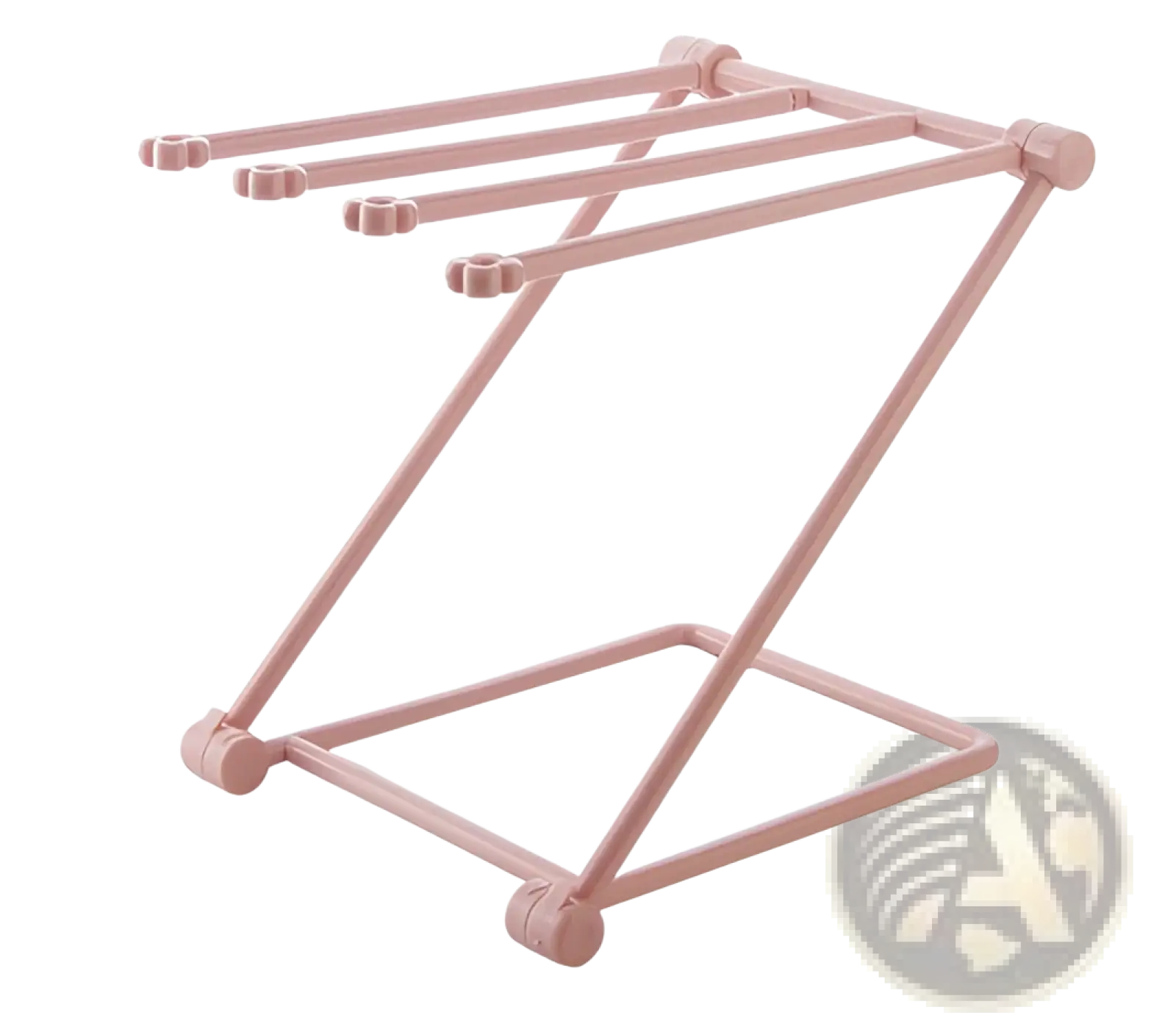 Foldable pink plastic dishcloth rack with four horizontal bars and rounded ends for kitchen towel organization