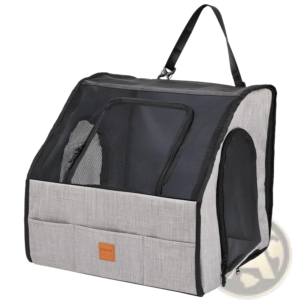Foldable dog car seat carrier in gray and black mesh with textured fabric base, top handle, and front zippered compartment