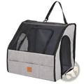 Foldable dog car seat carrier in gray and black mesh with textured fabric base, top handle, and front zippered compartment