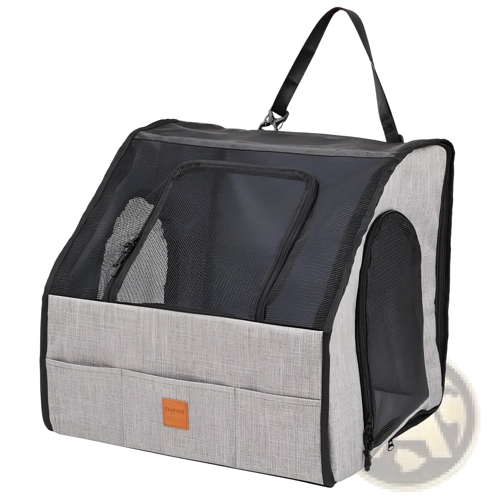 Foldable dog car seat carrier in gray and black mesh with textured fabric base, top handle, and front zippered compartment