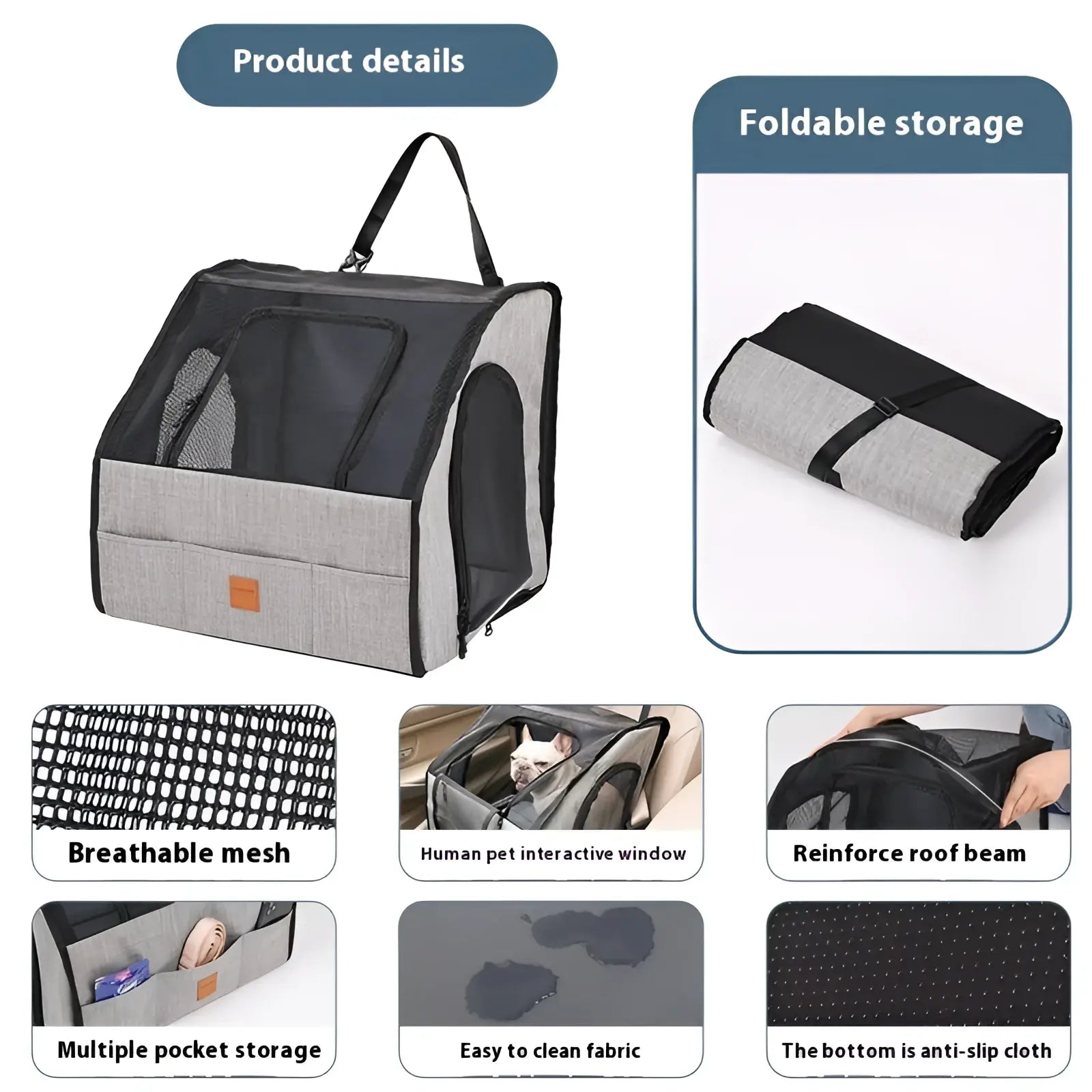 Gray and black foldable waterproof dog car seat carrier with breathable mesh sides and multiple storage pockets