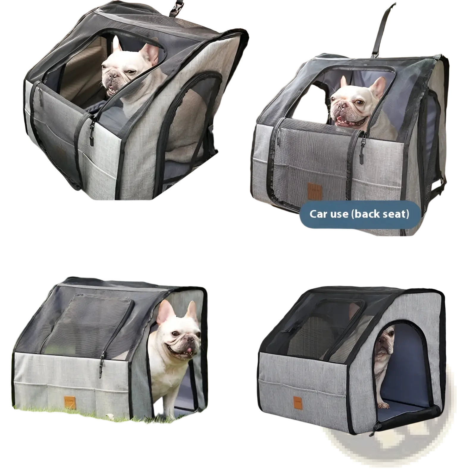 Gray and black mesh foldable dog car seat carrier with soft interior lining for vehicle and indoor outdoor use