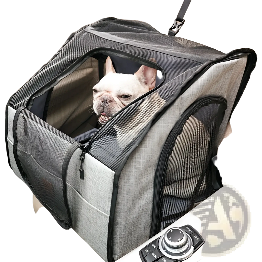 Gray and black mesh foldable dog car seat carrier with waterproof pet mat featuring a french bulldog peeking out