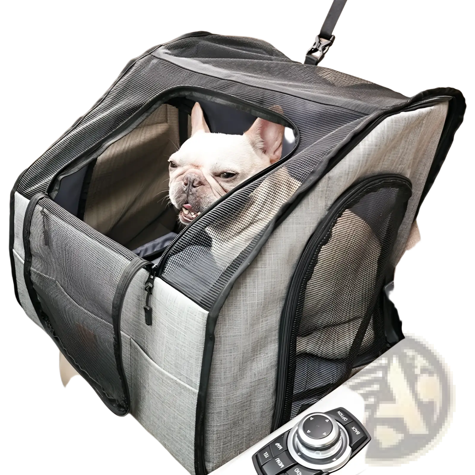 Gray and black mesh foldable dog car seat carrier with waterproof pet mat featuring a french bulldog peeking out