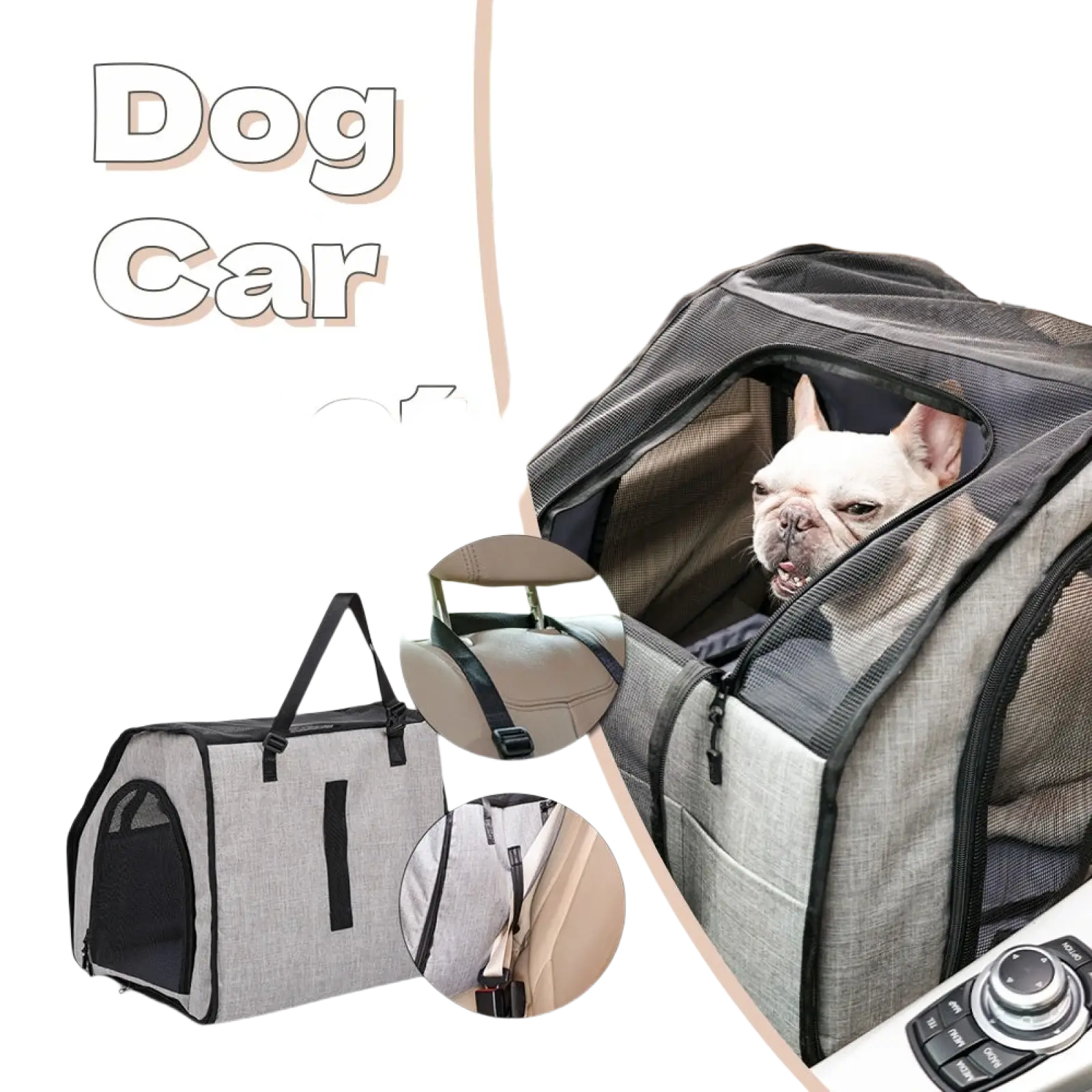 Gray and black mesh foldable dog car seat carrier with adjustable straps for secure travel and waterproof pet mat