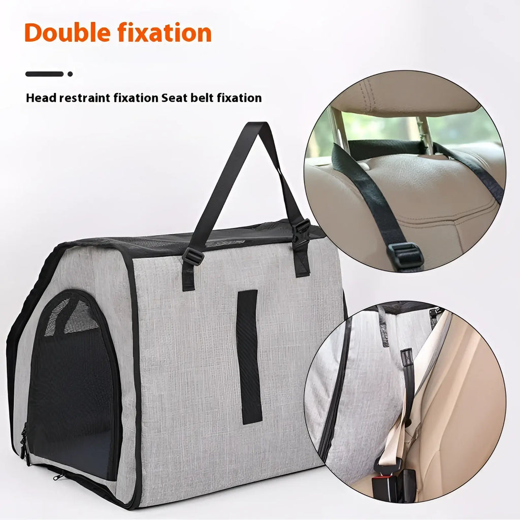 Gray and black foldable dog car seat carrier with mesh side panels for ventilation and waterproof pet mat