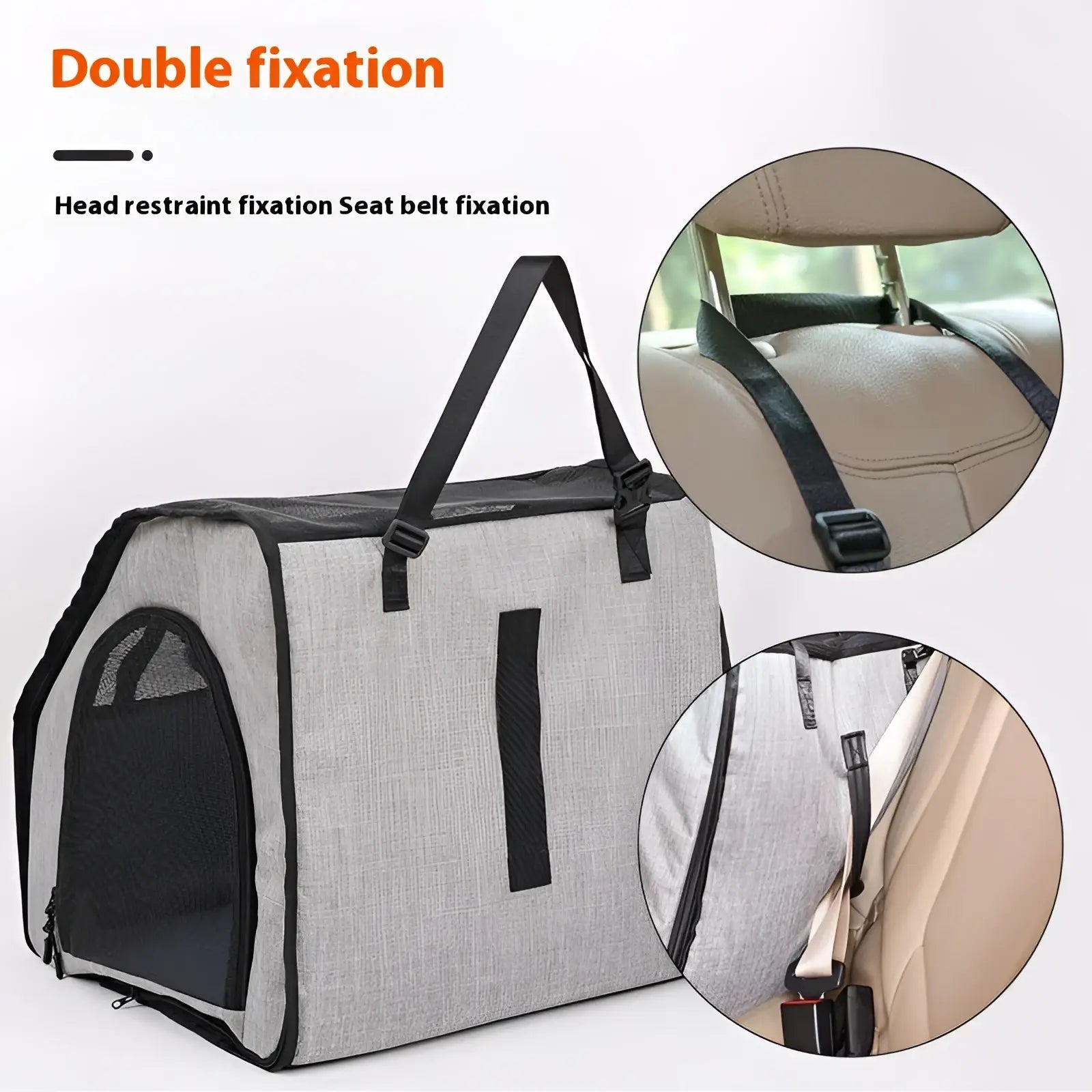 Gray and black foldable dog car seat carrier with mesh side panels for ventilation and waterproof pet mat