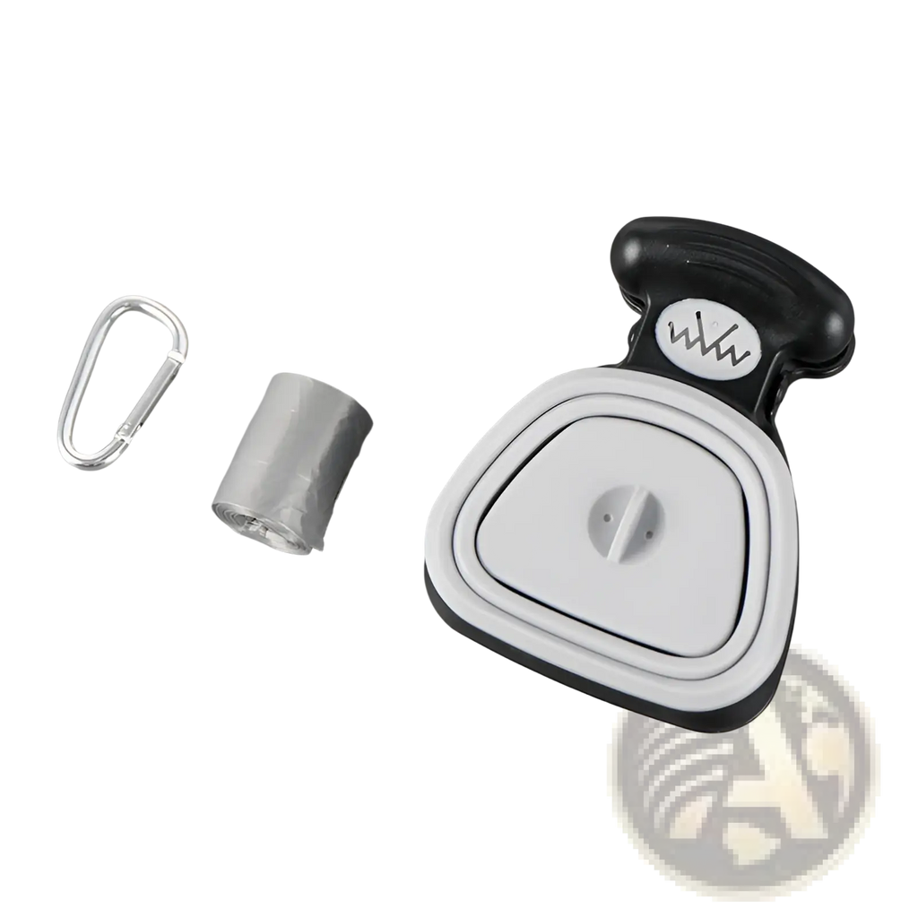 Black and white plastic foldable dog poop bag dispenser with handle and circular opening for waste scooper bags