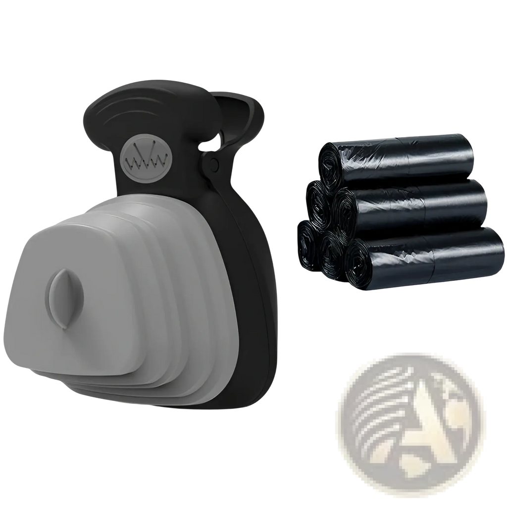Foldable black and gray silicone dog poop bag dispenser with waste scooper and matching black plastic bags