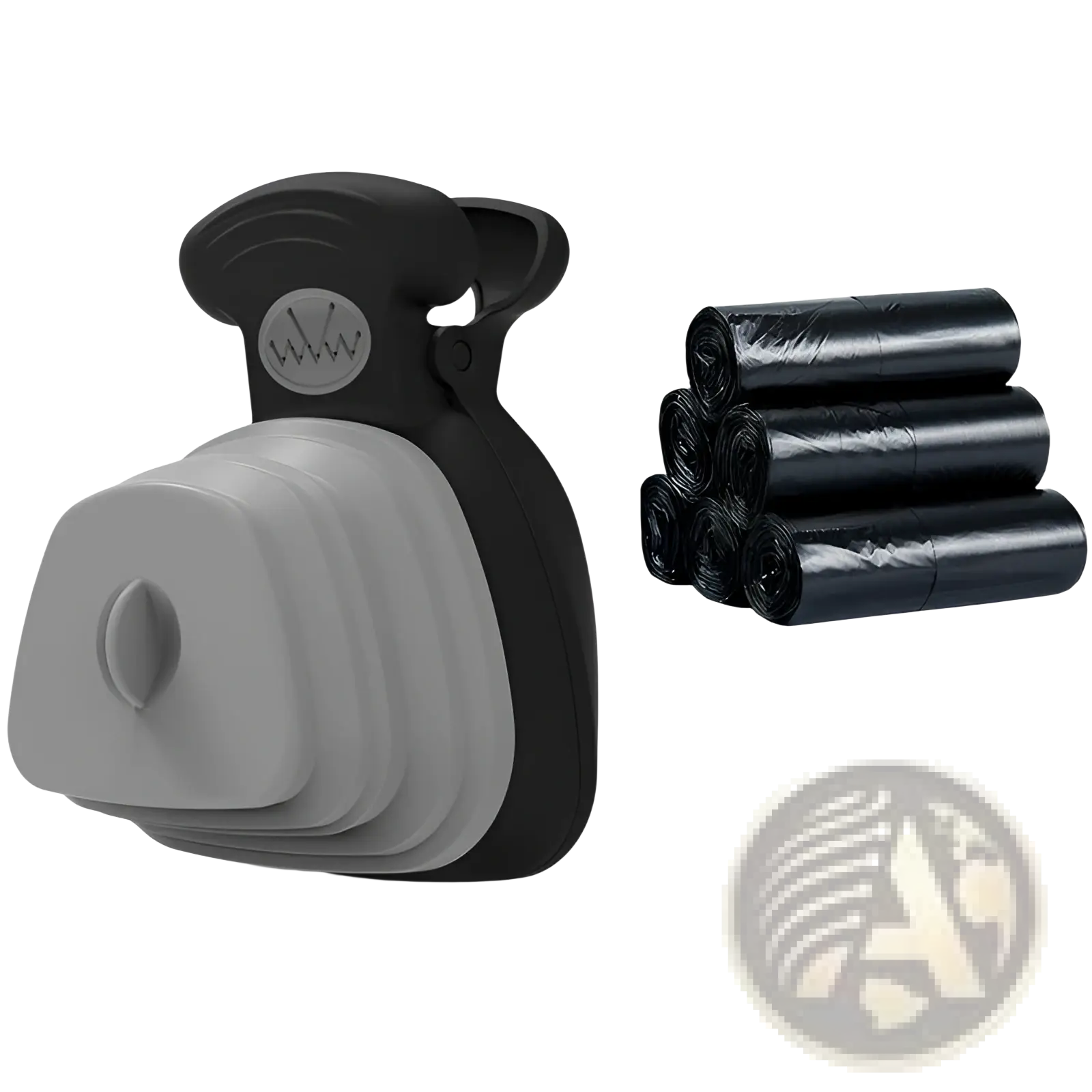 Foldable black and gray silicone dog poop bag dispenser with waste scooper and matching black plastic bags
