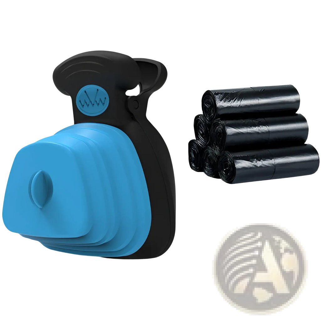Foldable dog poop bag dispenser with blue and black collapsible silicone waste scooper for easy pet waste pickup