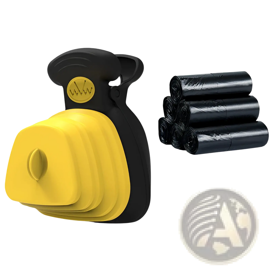 Foldable dog poop bag dispenser with yellow and black pet waste grabber and flexible layered silicone pouch