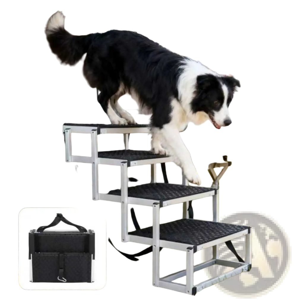 Silver aluminum foldable dog ramp with black textured non-slip steps for cars and suvs 250lb capacity