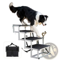 Silver aluminum foldable dog ramp with black textured non-slip steps for cars and suvs 250lb capacity