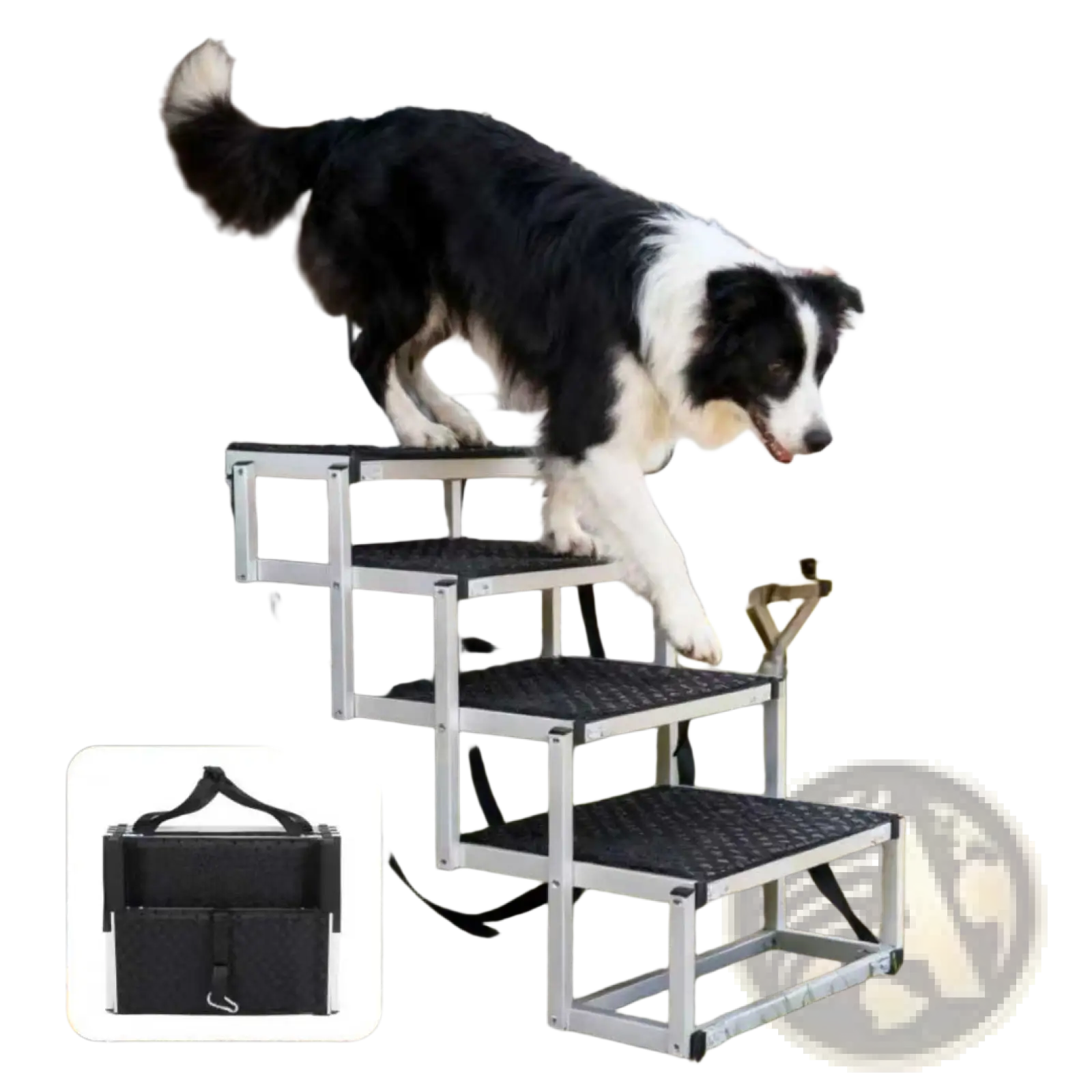 Silver aluminum foldable dog ramp with black textured non-slip steps for cars and suvs 250lb capacity