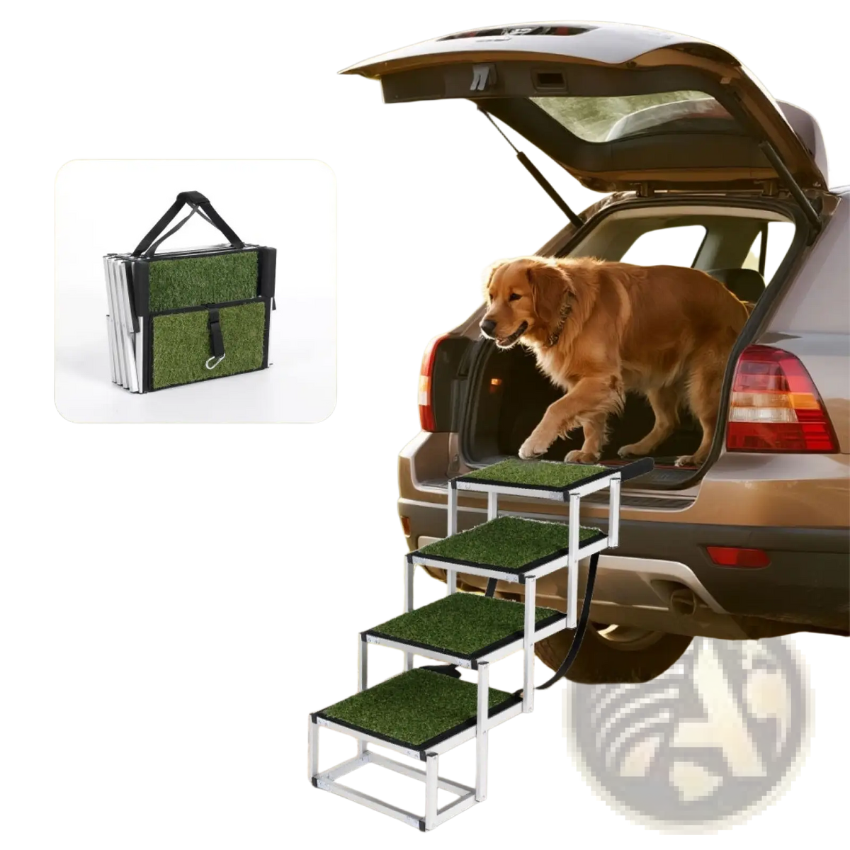 Silver-framed foldable dog ramp with artificial green grass steps designed for easy vehicle access and 250lb capacity